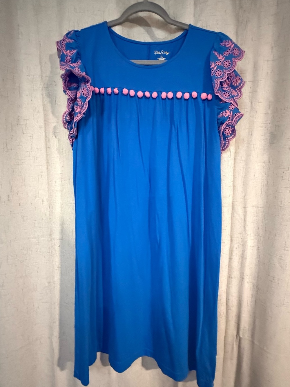 Lilly Pulitzer Blue Mini Dress with Pink Pom-Pom Trim
